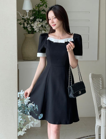 Lene Color Matching Ribbon Puff Tweed Mini One Piece